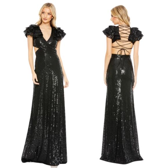 Mac Duggal V Neck Sequin Gown 0 Black NWT - Picture 1 of 10